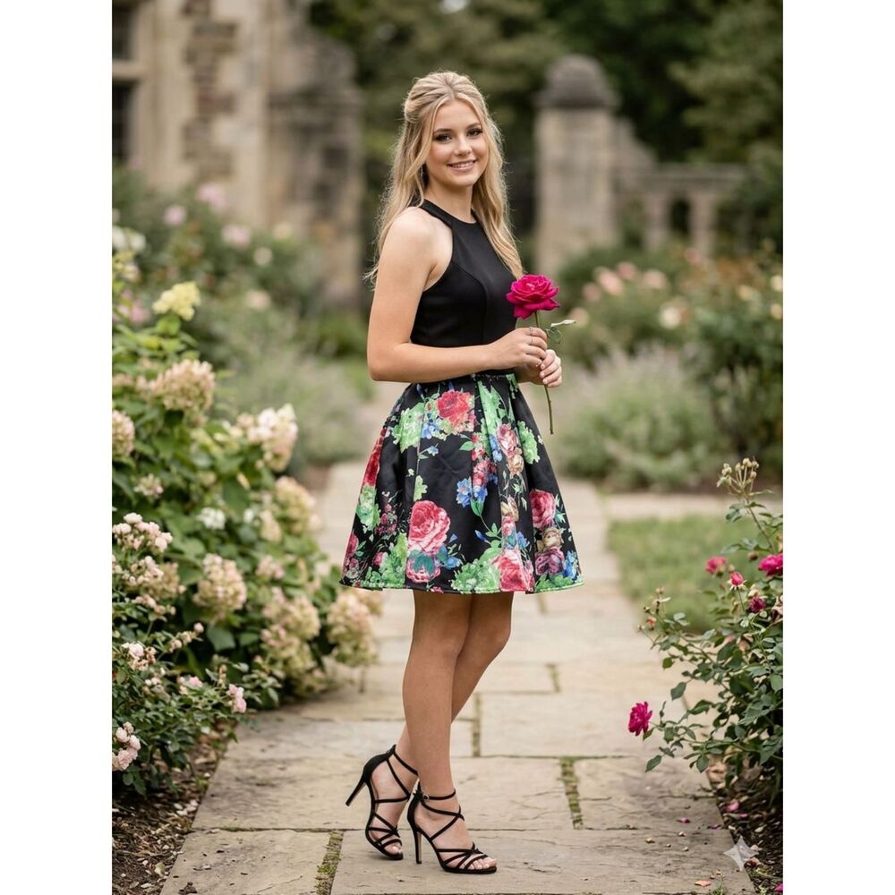 Teeze Me Halter Neck Fit & Flare Mini Dress Black Floral Print Juniors Size 3